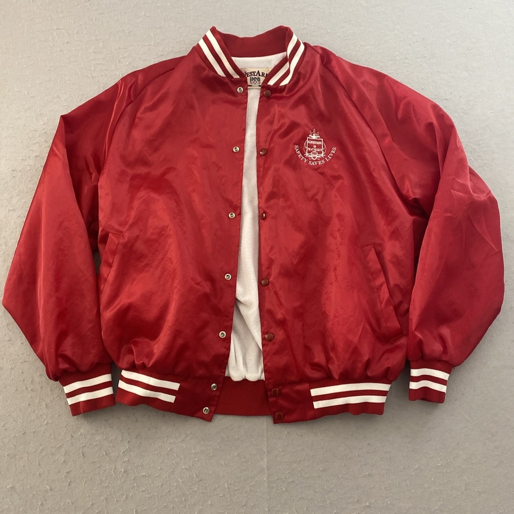 Vintage West Ark Red Satin Windbreaker Coaches Jacket Snap Front USA Made Safety